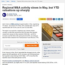 Regional M&A activity slows in May, but YTD valuations up sharply
